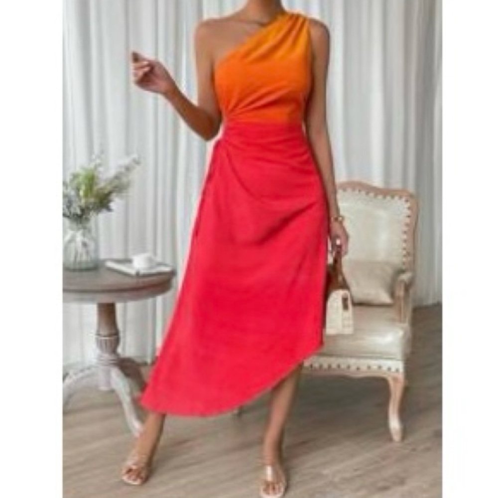 Elegant One-Shoulder Orange and Red Dress